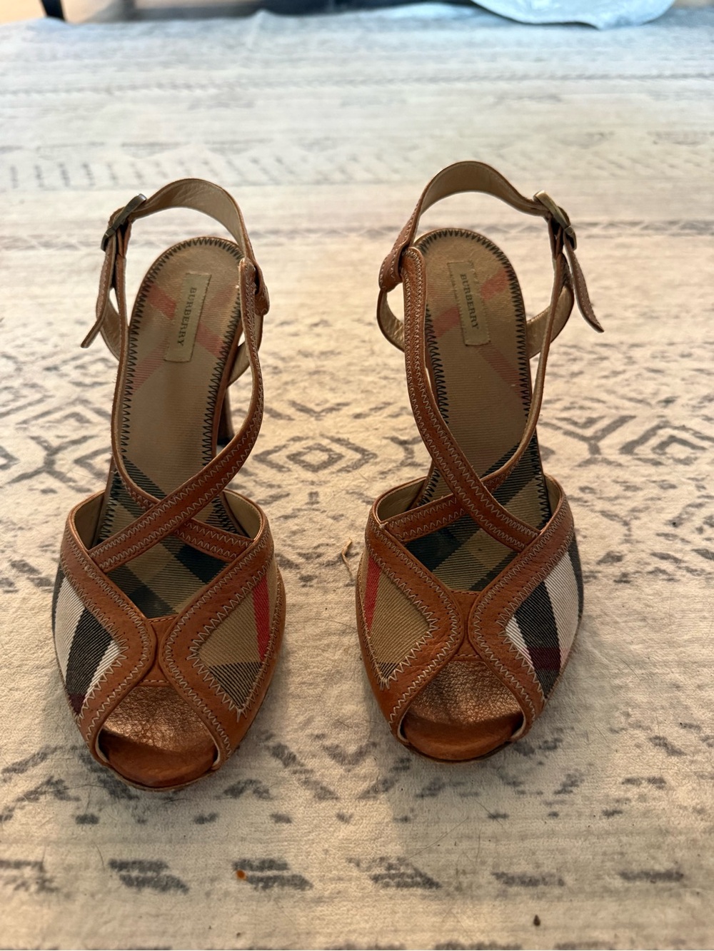 Burberry Tan & Beige Check Leather Slingback Heels